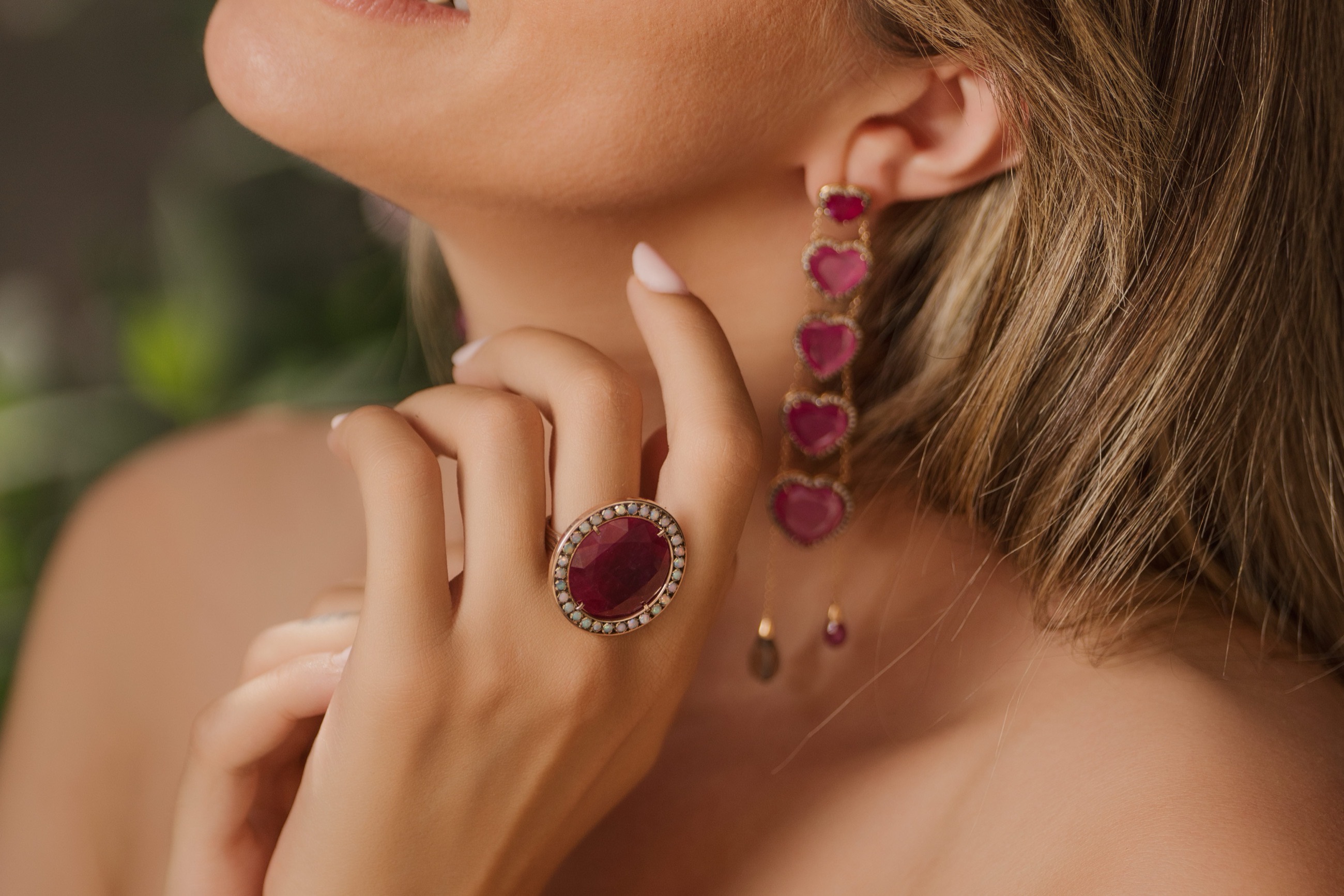 Ruby Hearts earrings and ring worn in Anafiotika, Athens